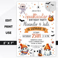 cute dual or any birthday party invitation on halloween with cute ghosts and bats